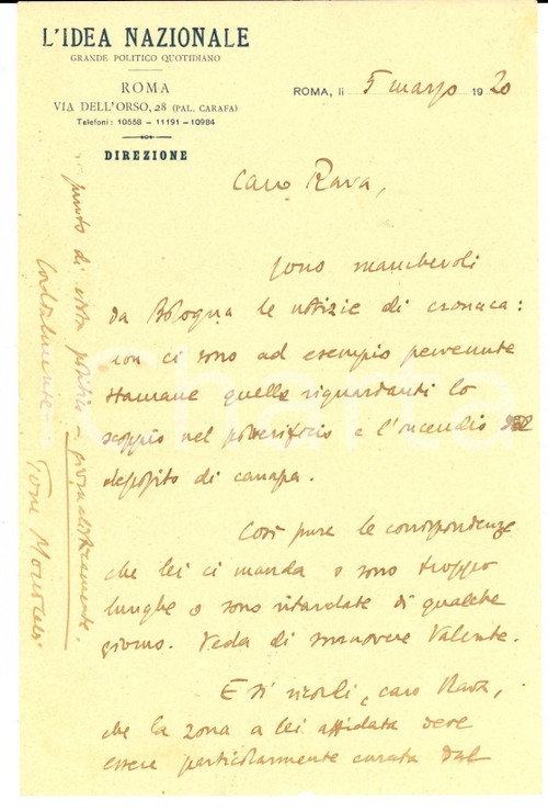 1920 L'IDEA NAZIONALE Tomaso MONICELLI rimprovera Massimo RAVA *Autografo 1920 L'IDEA NAZIONALE Tomaso MONICELLI rimprovera Massimo RAVA *Autografo